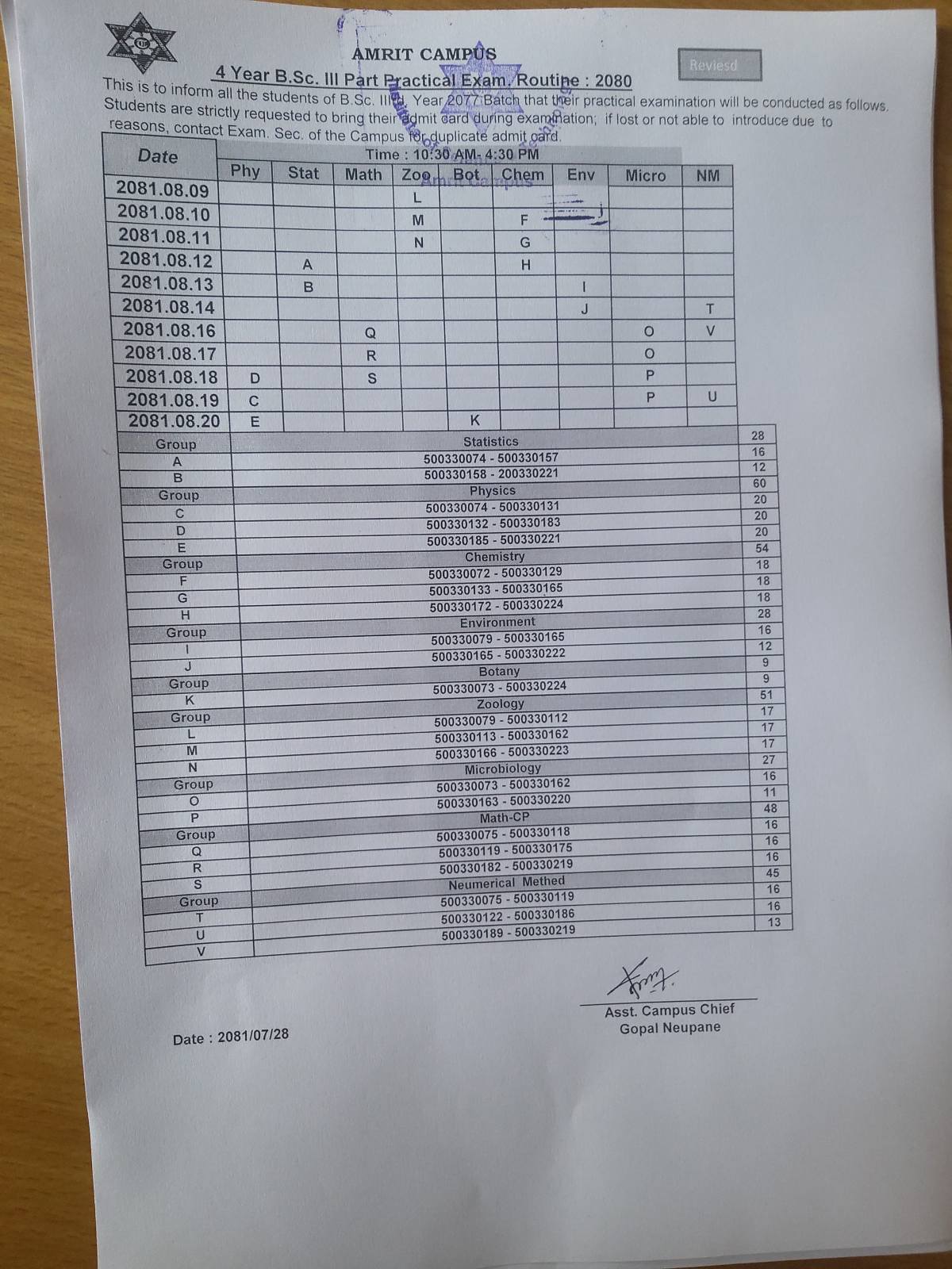 General 4 year Part III Practical Exam Notice
