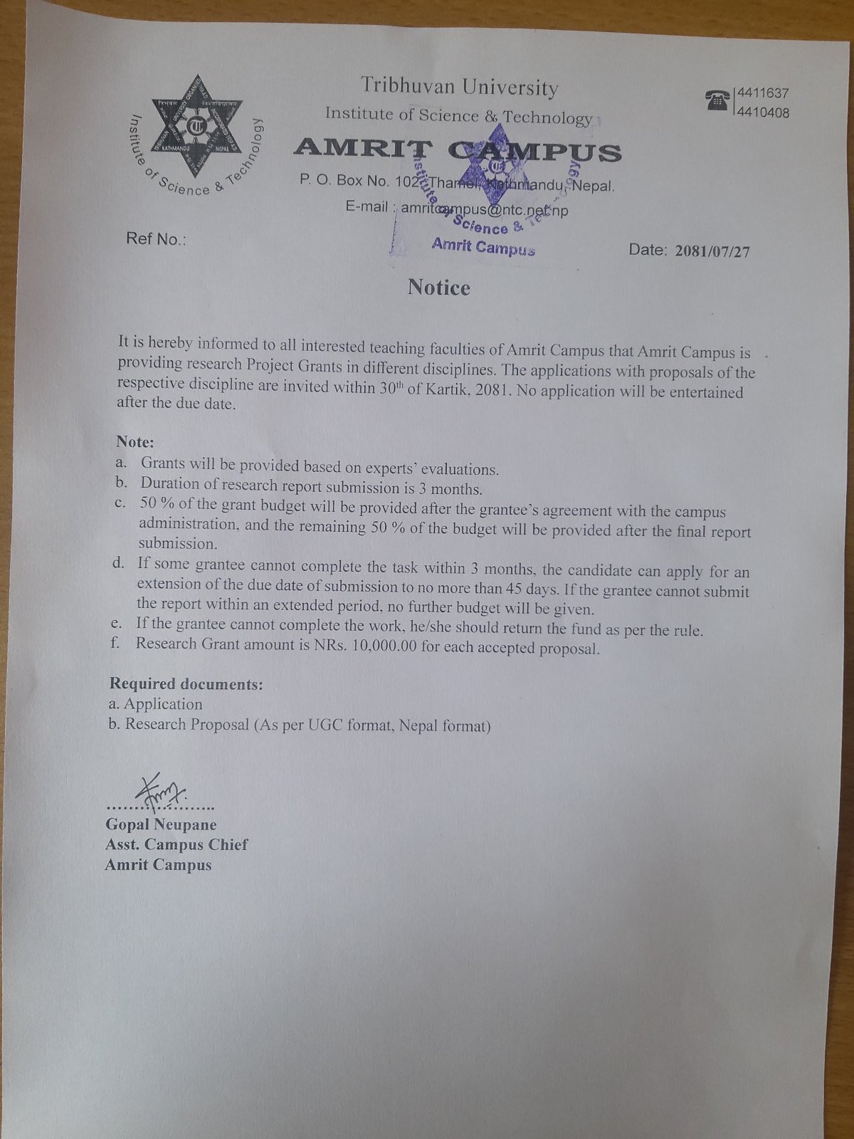 Research Grant Dateline Extend Notice